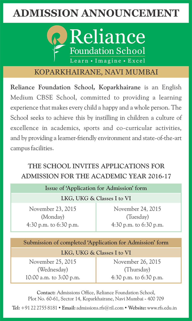 Reliance Foundation School Admission Announcements CBSE Curriculum