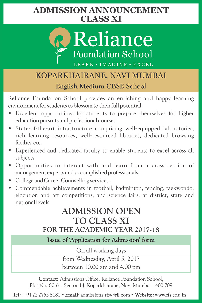 Reliance Foundation School Admission Announcements CBSE Curriculum