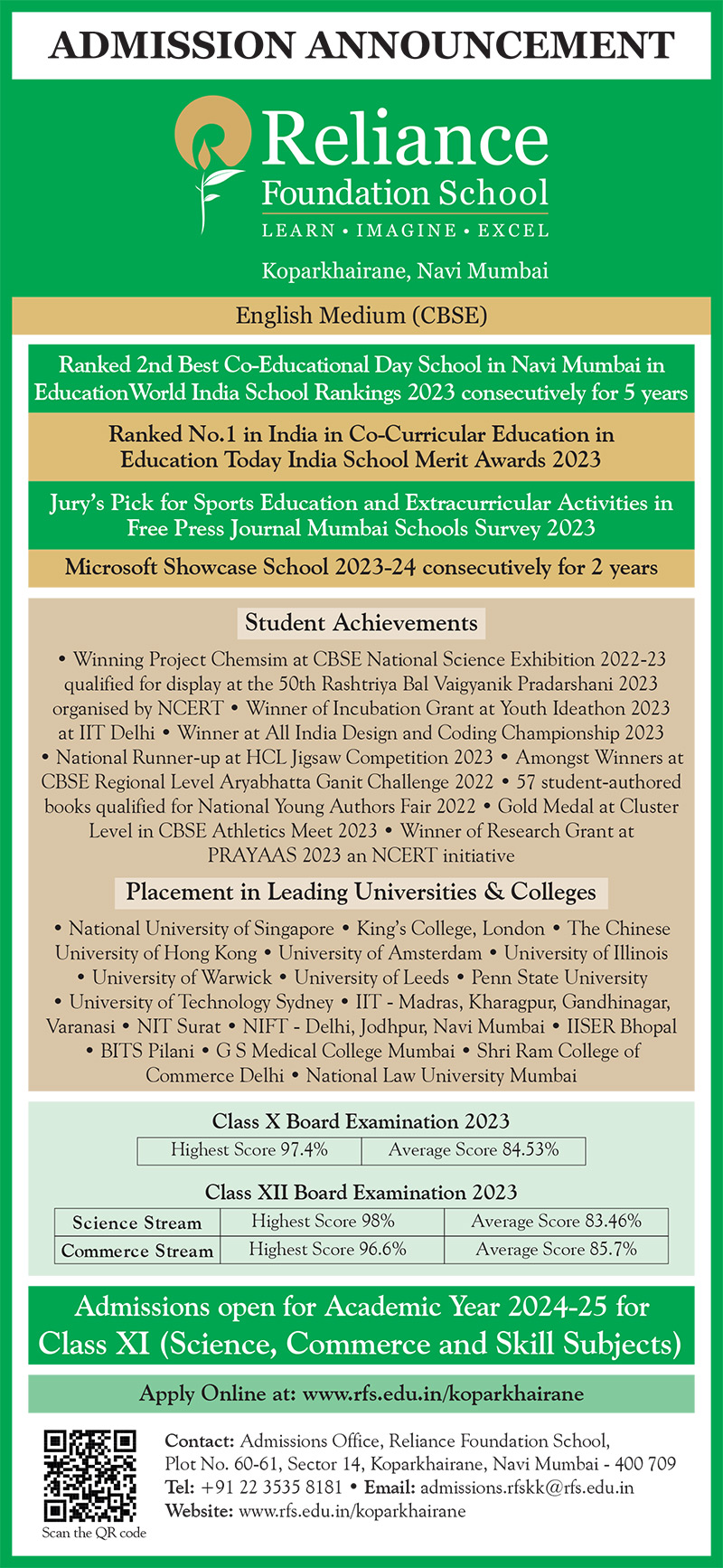 Reliance Foundation School Admission Announcements CBSE Curriculum